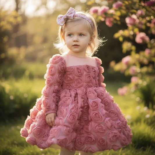 Dusty Rose 3D Floral Baby Dress – Luxury Handmade Birthday Outfit – Couture Toddler Gown