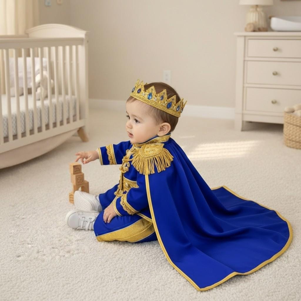 Royal Blue Baby Prince Costume, Gold Crown Outfit, First Birthday – detail shot