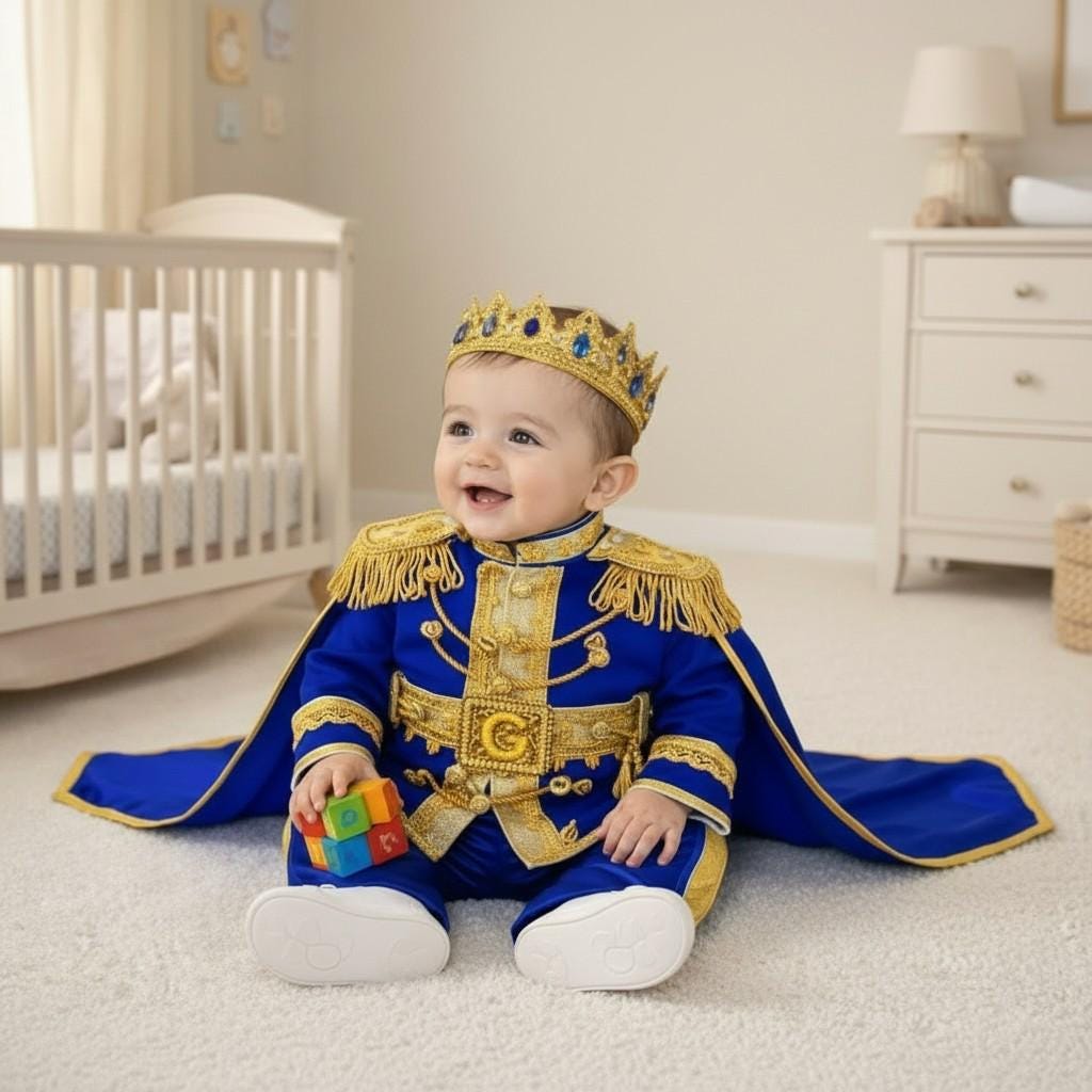 Royal Blue Baby Prince Costume, Gold Crown Outfit, First Birthday – side view