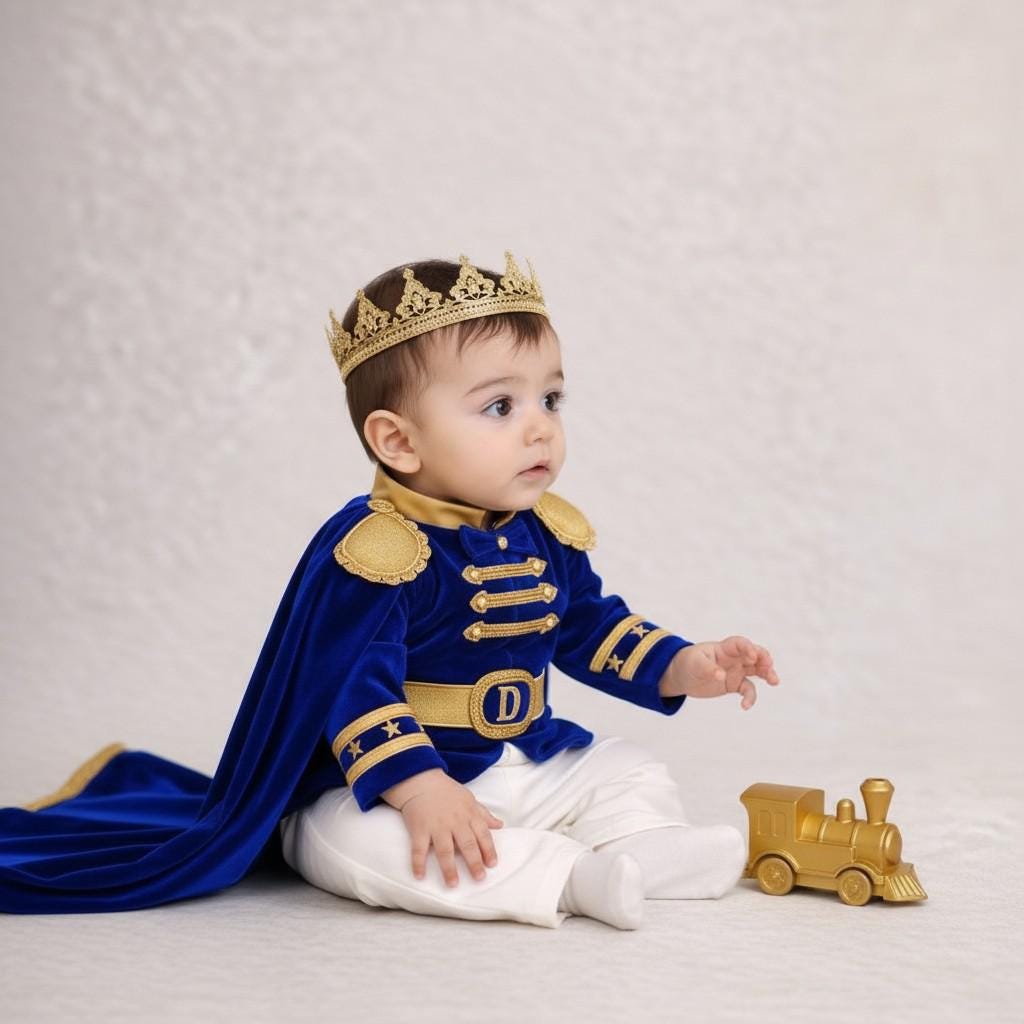 Royal Blue Velvet Prince Outfit, 1st Birthday Boy Costume, Crown Cape Set – detail shot