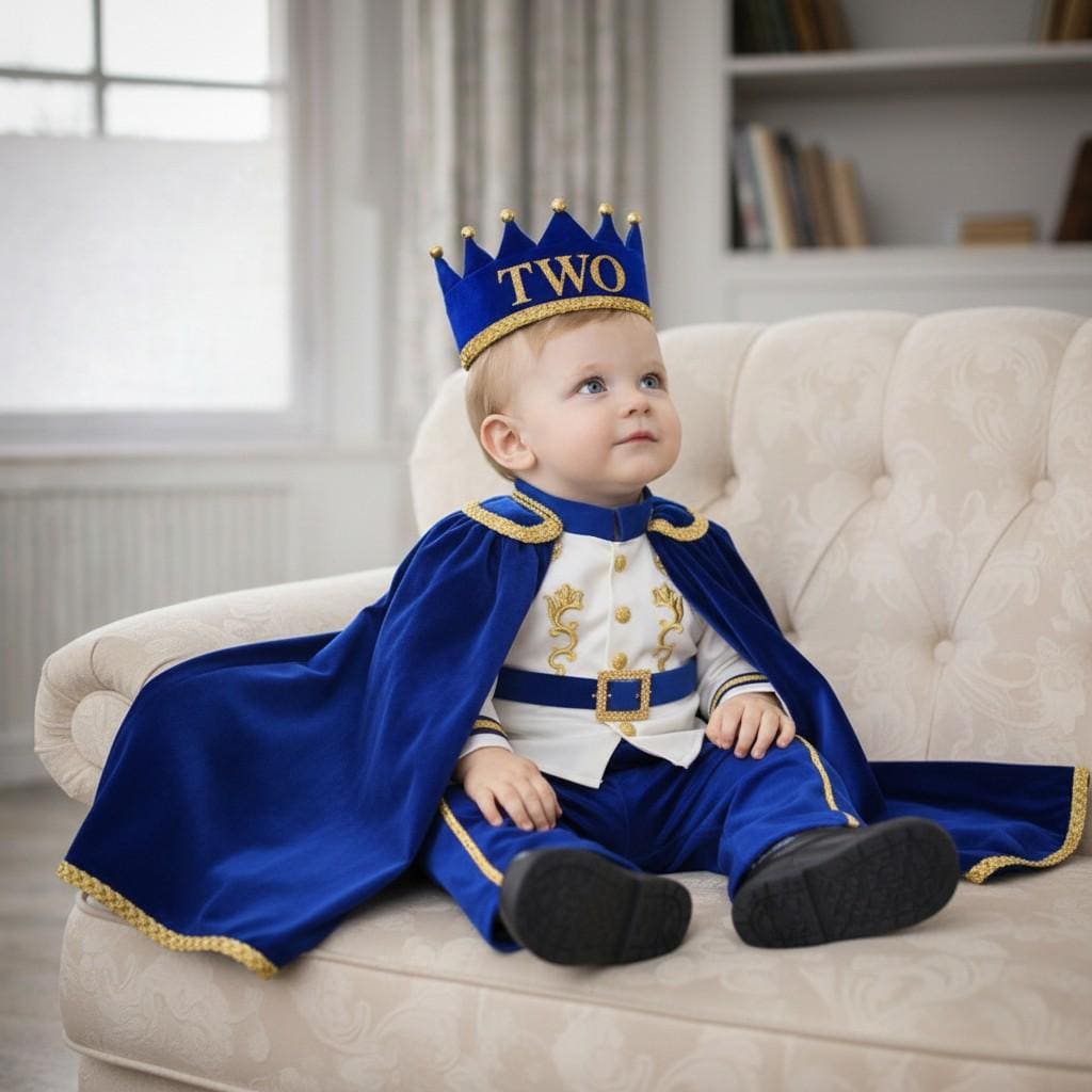 Royal Prince First Birthday Outfit, Blue Gold Costume, Personalized Cape Set for christenings