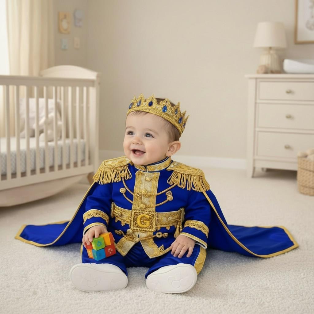 Royal Blue Baby Prince Costume, Gold Crown Outfit, First Birthday for christenings