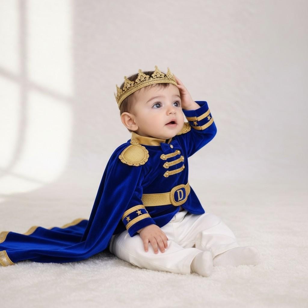 Royal Blue Velvet Prince Outfit, 1st Birthday Boy Costume, Crown Cape Set – close-up