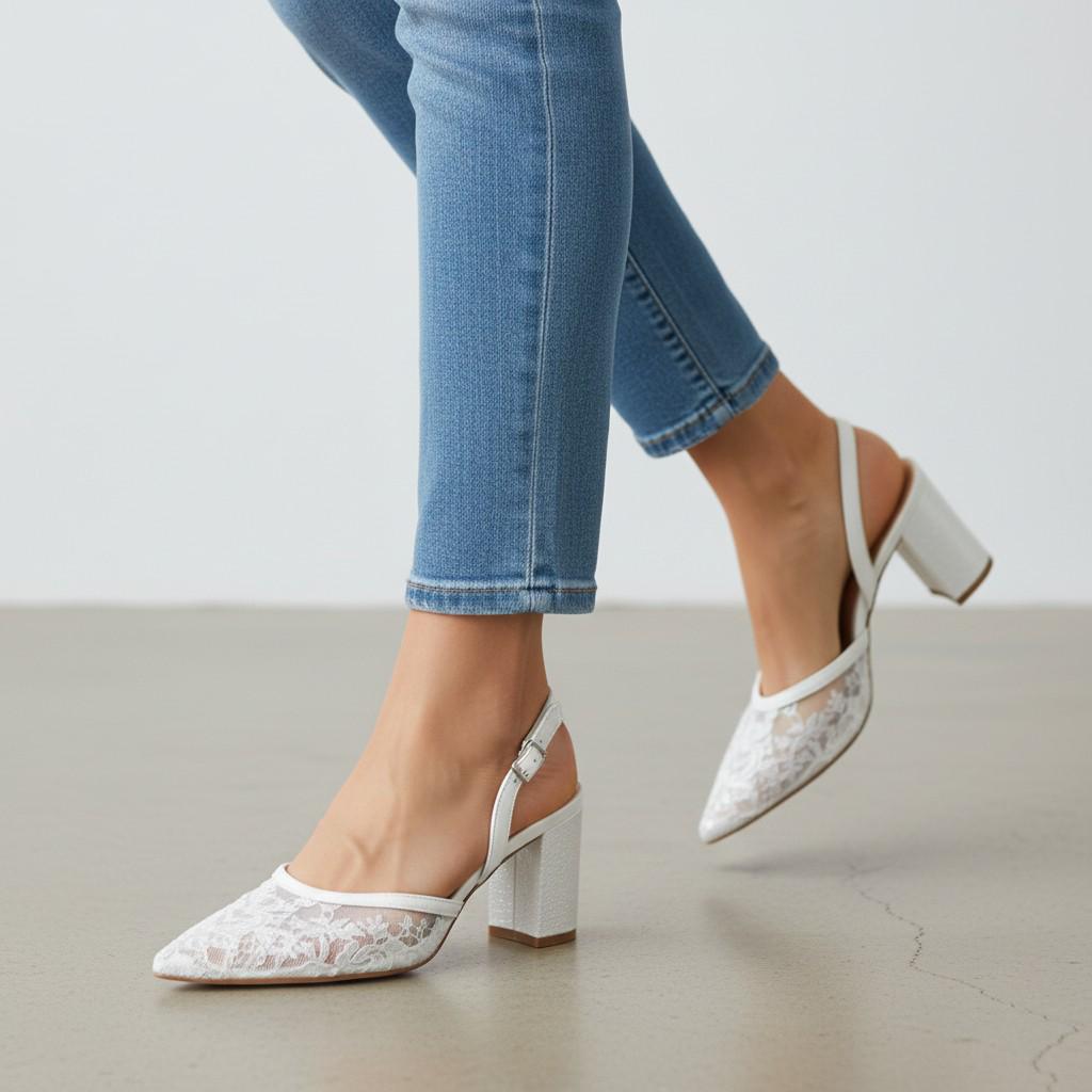 White Lace Slingback Kitten Heels Women Elegant Bridal Shoes Low Heel Wedding Pumps Comfortable Dress Heels – side view