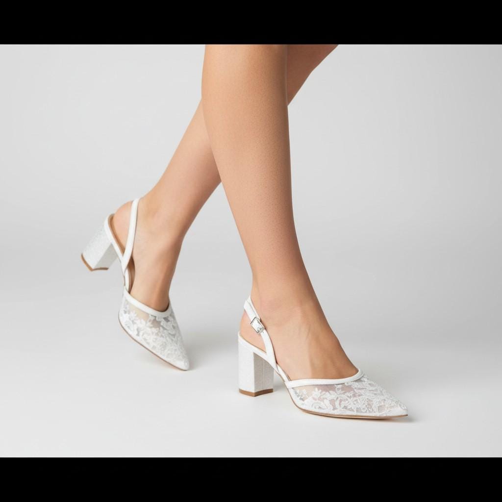 White Lace Slingback Heels Women Block Heel Elegant Bridal Shoes Comfortable Wedding Pumps – detail shot