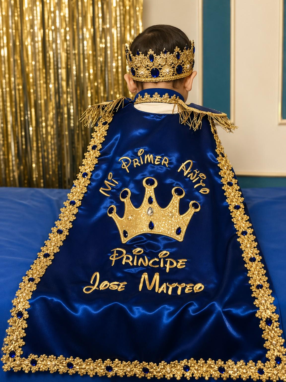 Royal Prince Baby Boy Outfit, Blue Gold First Birthday Costume, Personalized Crown Cape Suit – detail shot