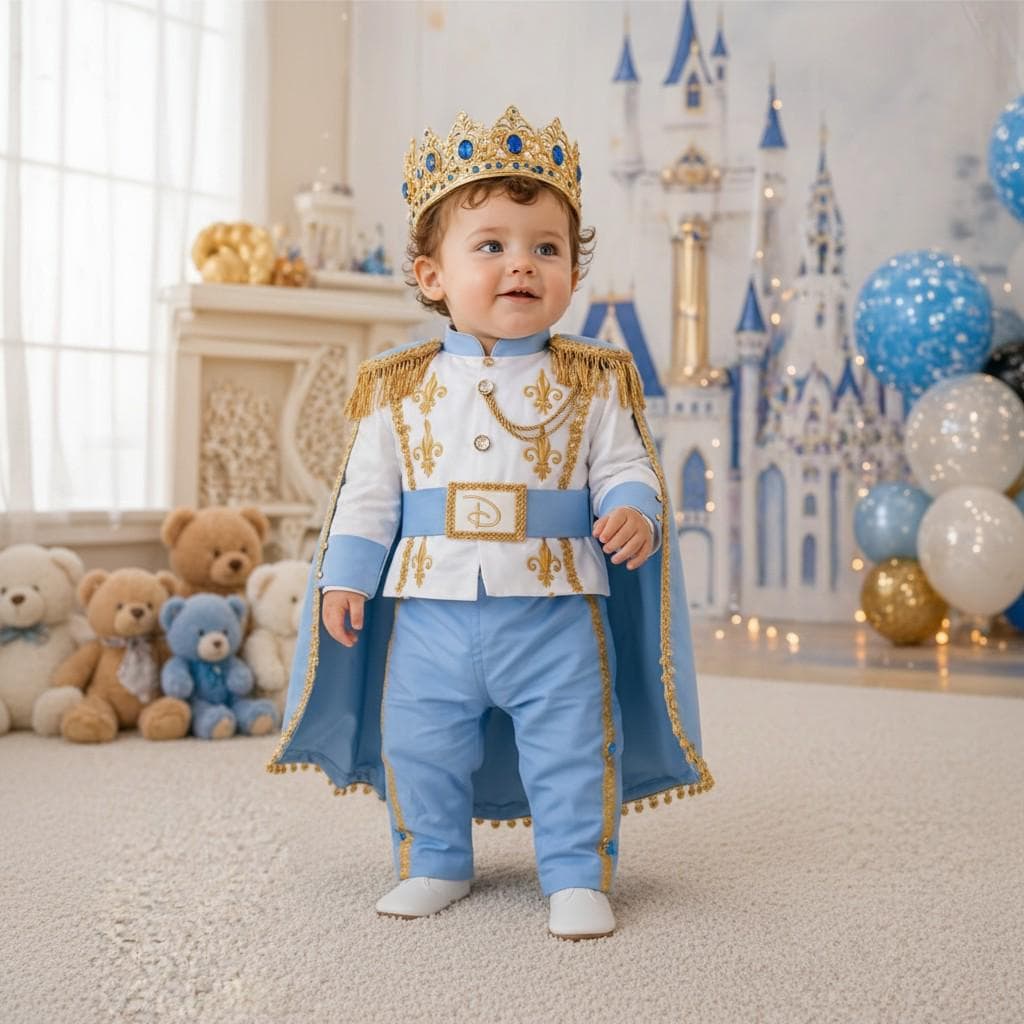 Personalized Baby Prince Costume Sky Blue Birthday Outfit Royal Cape Crown Set First Birthday Photoshoot Toddler Boy Prince
