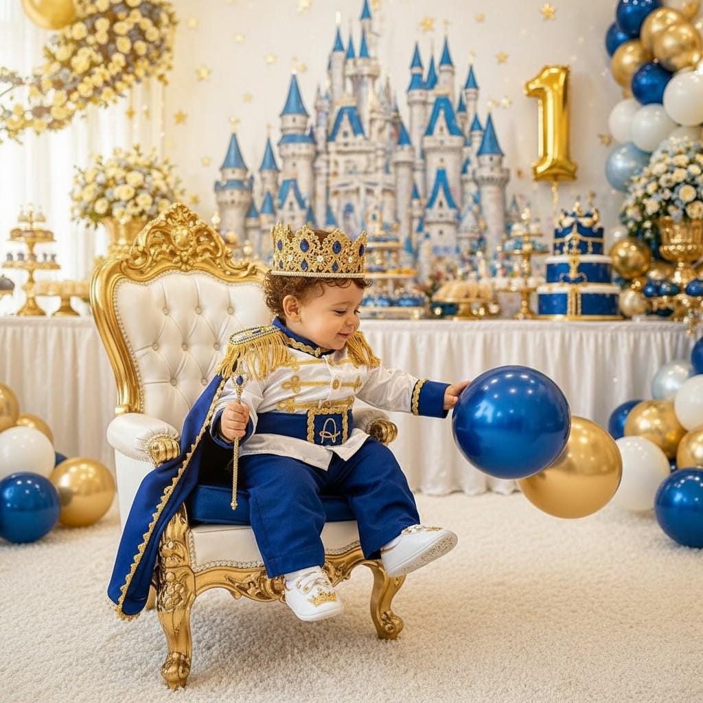 Royal Prince Baby Boy Birthday Outfit, Blue Gold First Birthday Costume, Personalized Crown Cape – close-up