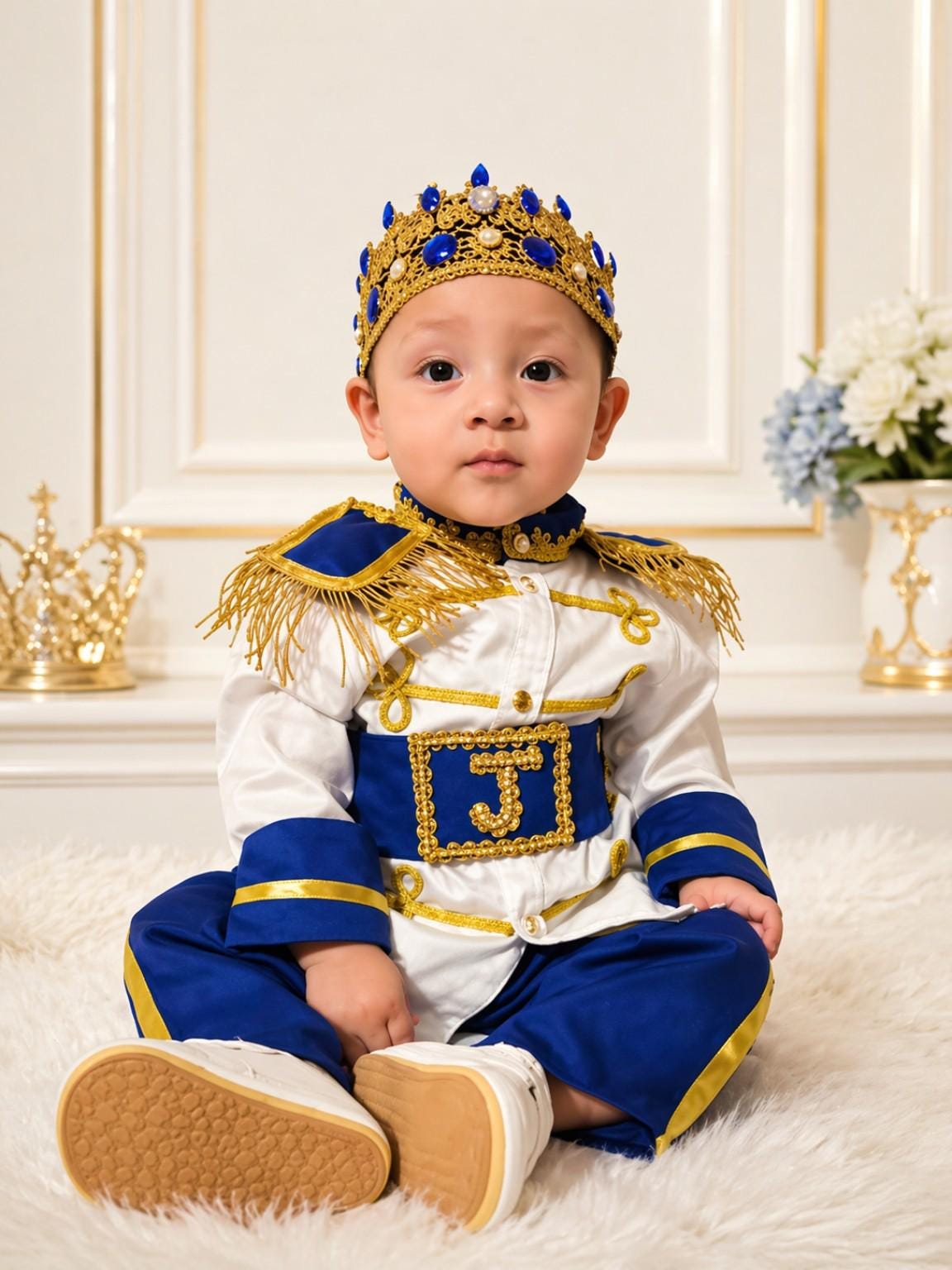 Royal Prince Baby Boy Outfit, Blue Gold First Birthday Costume, Personalized Crown Cape Suit for birthdays