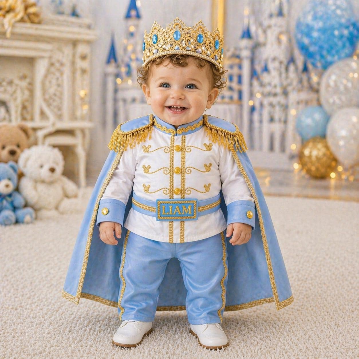 Personalized Sky Blue Gold Baby Prince Costume Royal Birthday Outfit Boy Crown Set for birthdays
