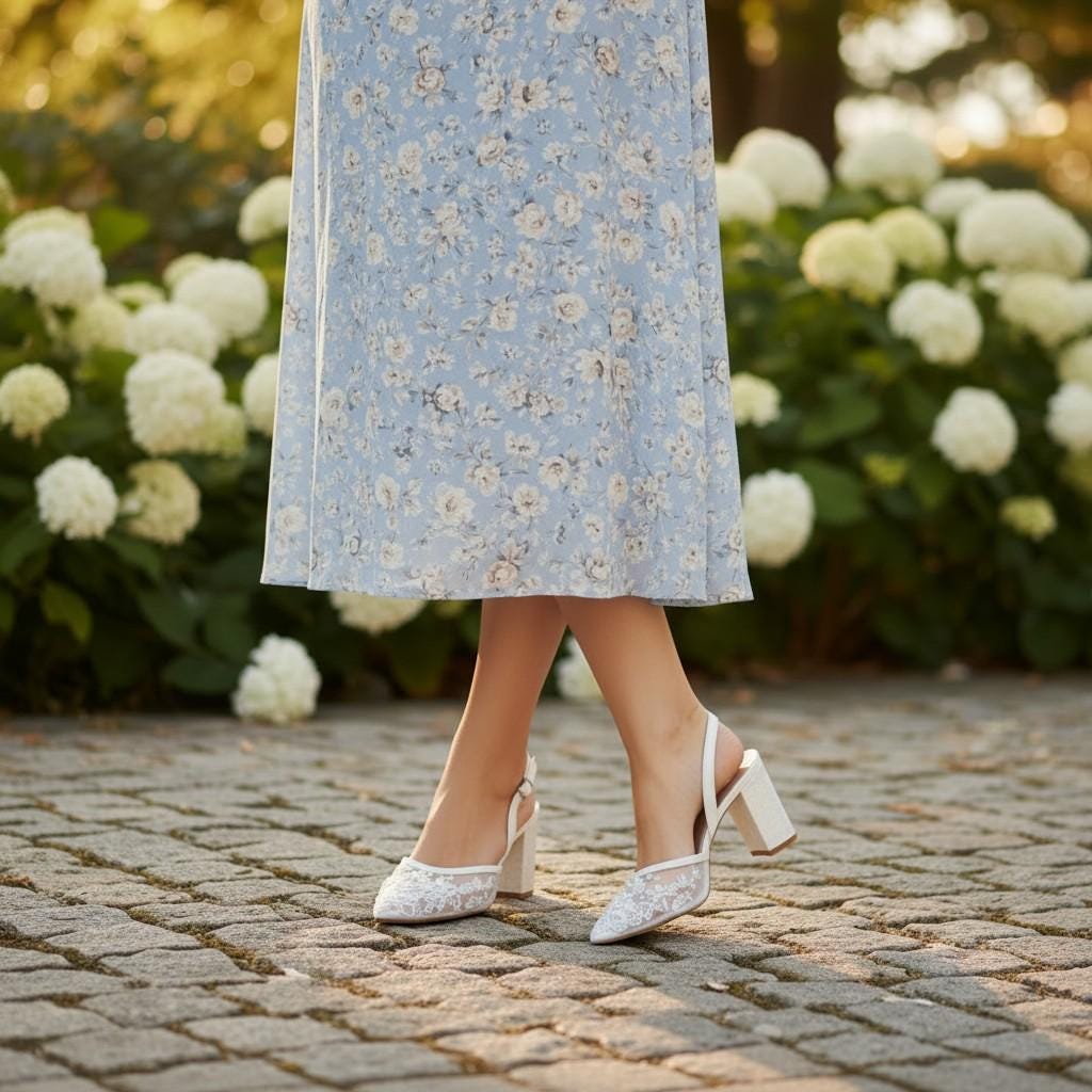 Ivory Lace Slingback Bridal Heels, Elegant Block Heel Wedding Shoes – styled look