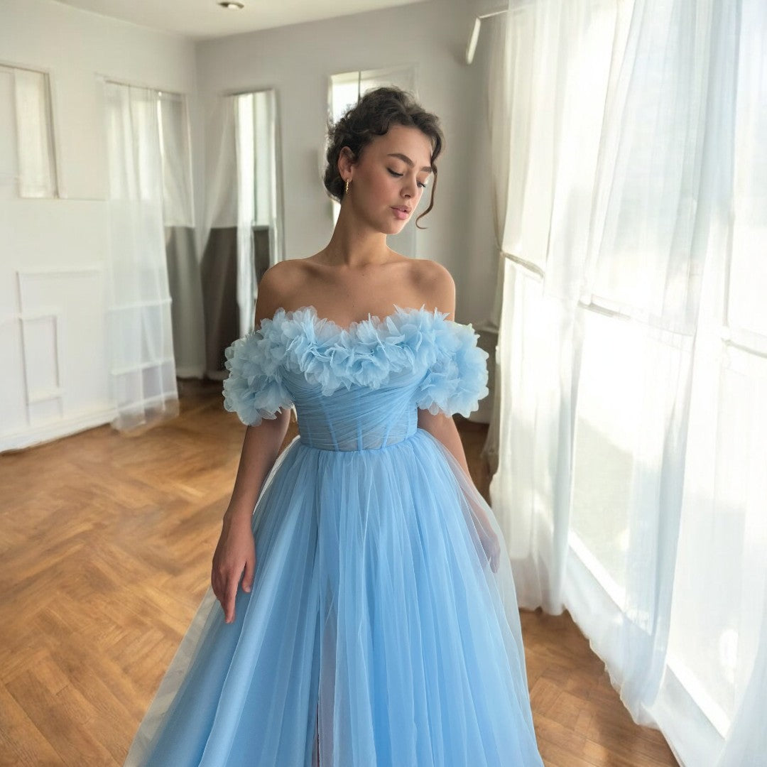 Skye baby blue evening gown close-up