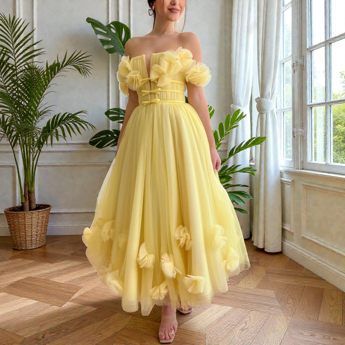 Yellow Magnolia Midi Dress – close-up