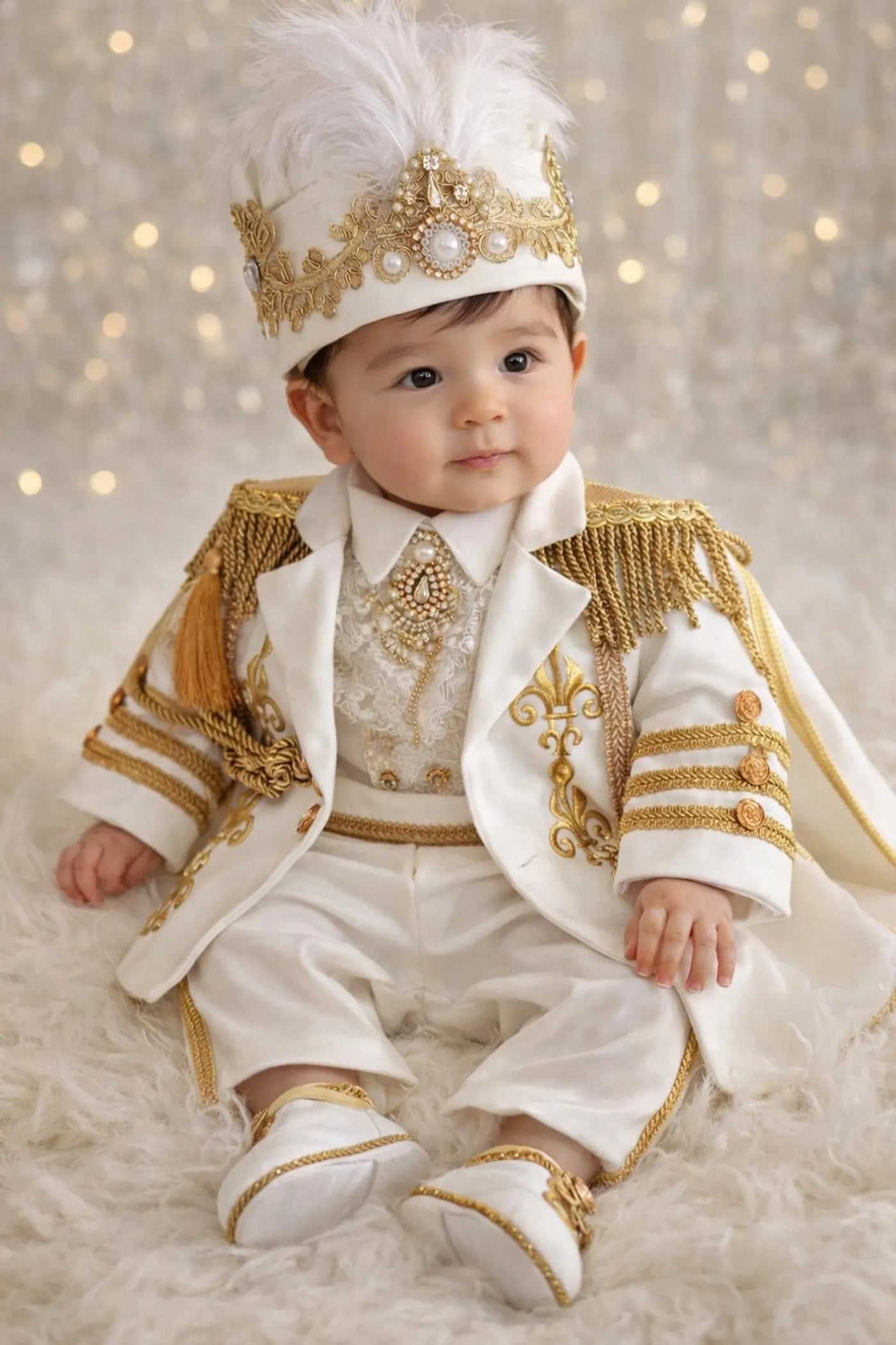 White Gold Prince Outfit – Baby Boy First Birthday Suit, Baptism Costume, Crown Hat Set – detail shot