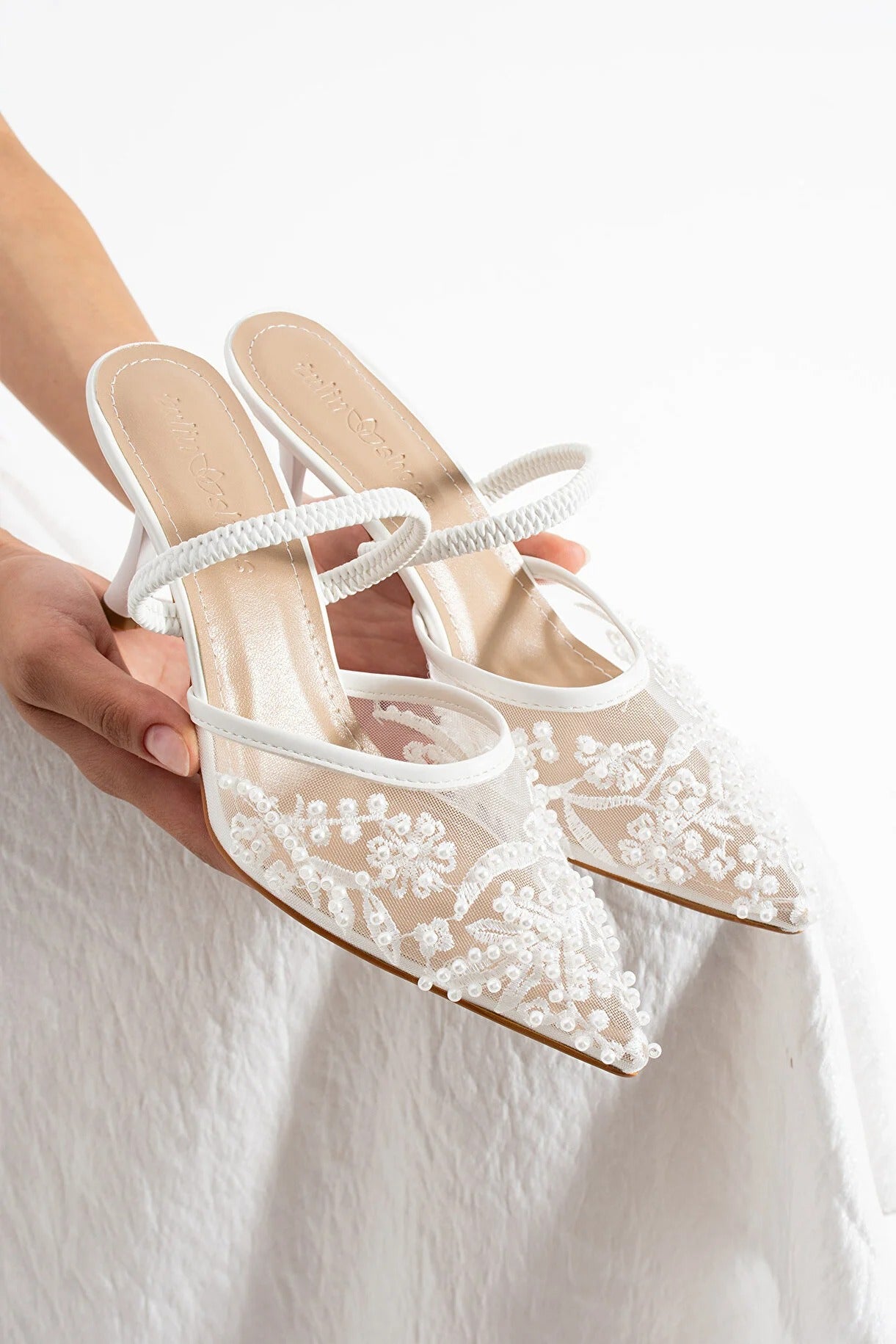 Bridal Pearl Mesh Slingback Heels – styled look