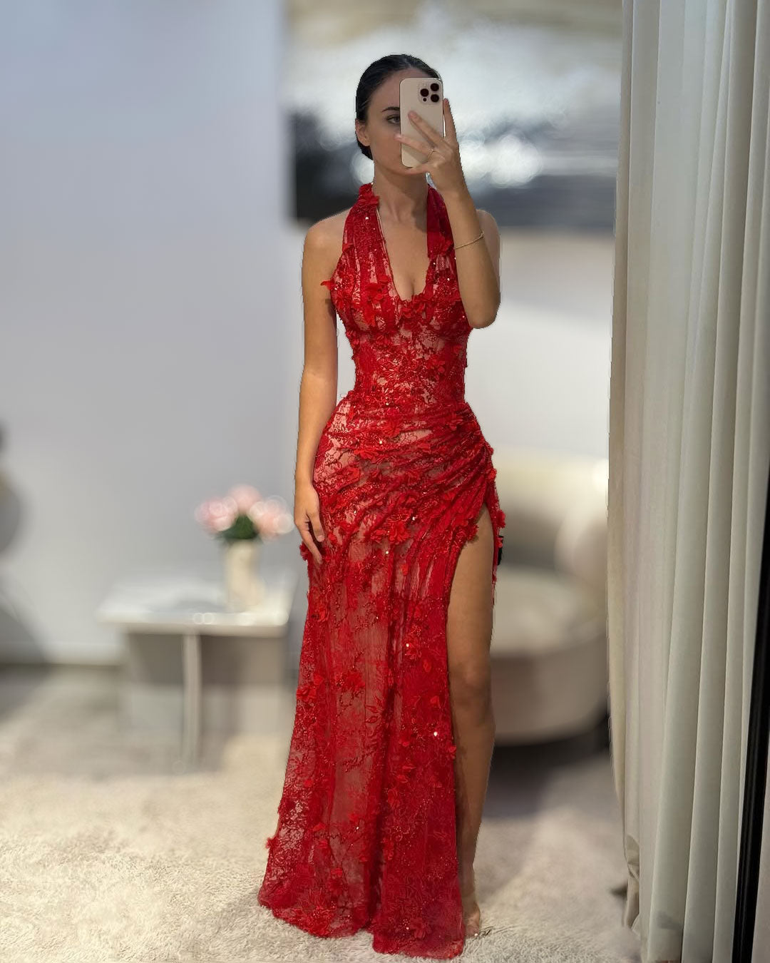 Red Floral Halter Couture Gown With High Slit - SimmiUnique