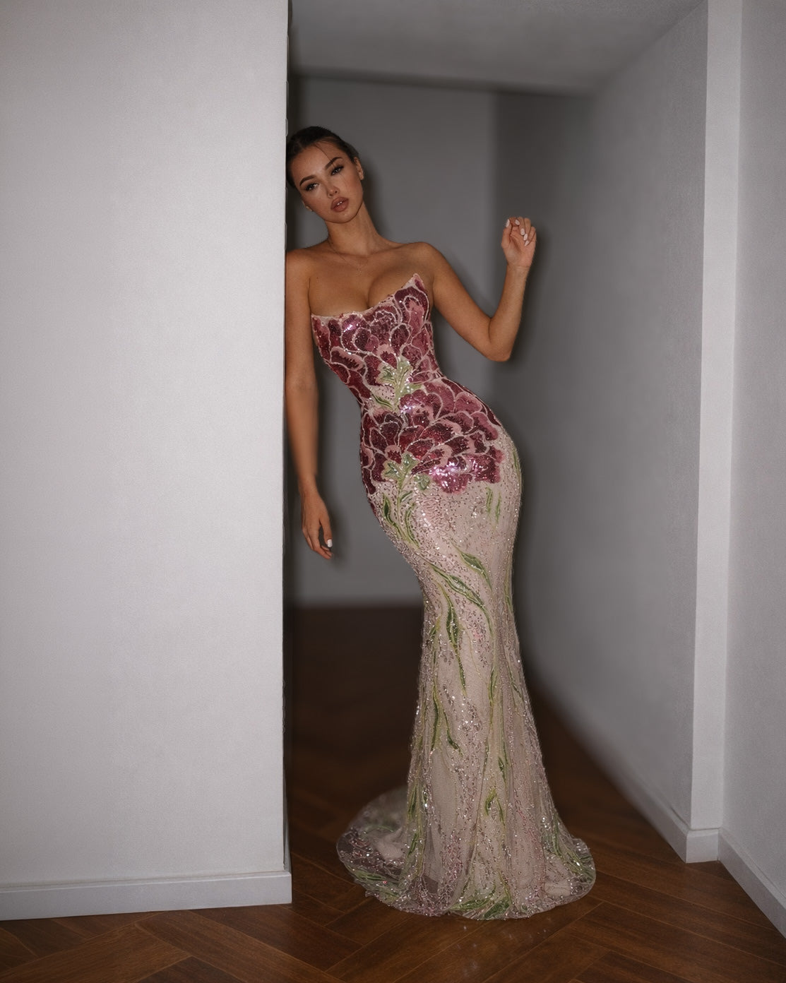 Strapless Floral Sequin Mermaid Evening Gown in Blush and Burgundy - SimmiUnique