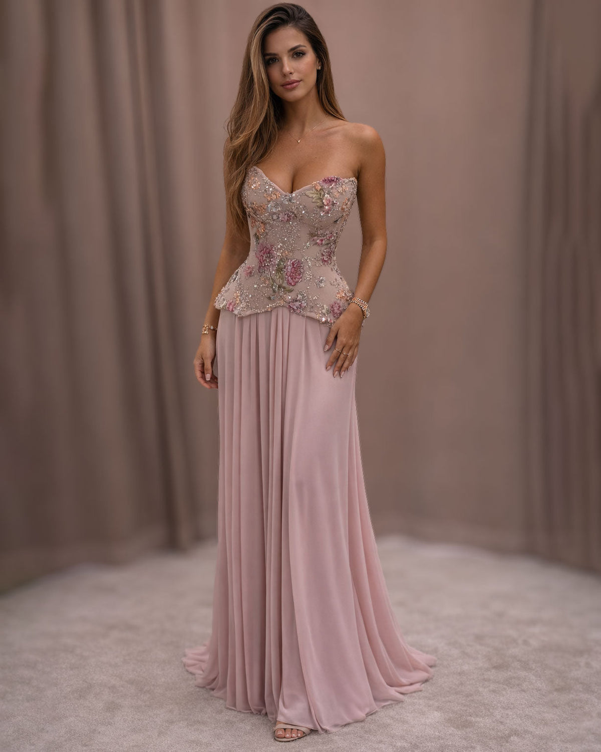 Blush Pink Floral Embellished Corset Gown - SimmiUnique