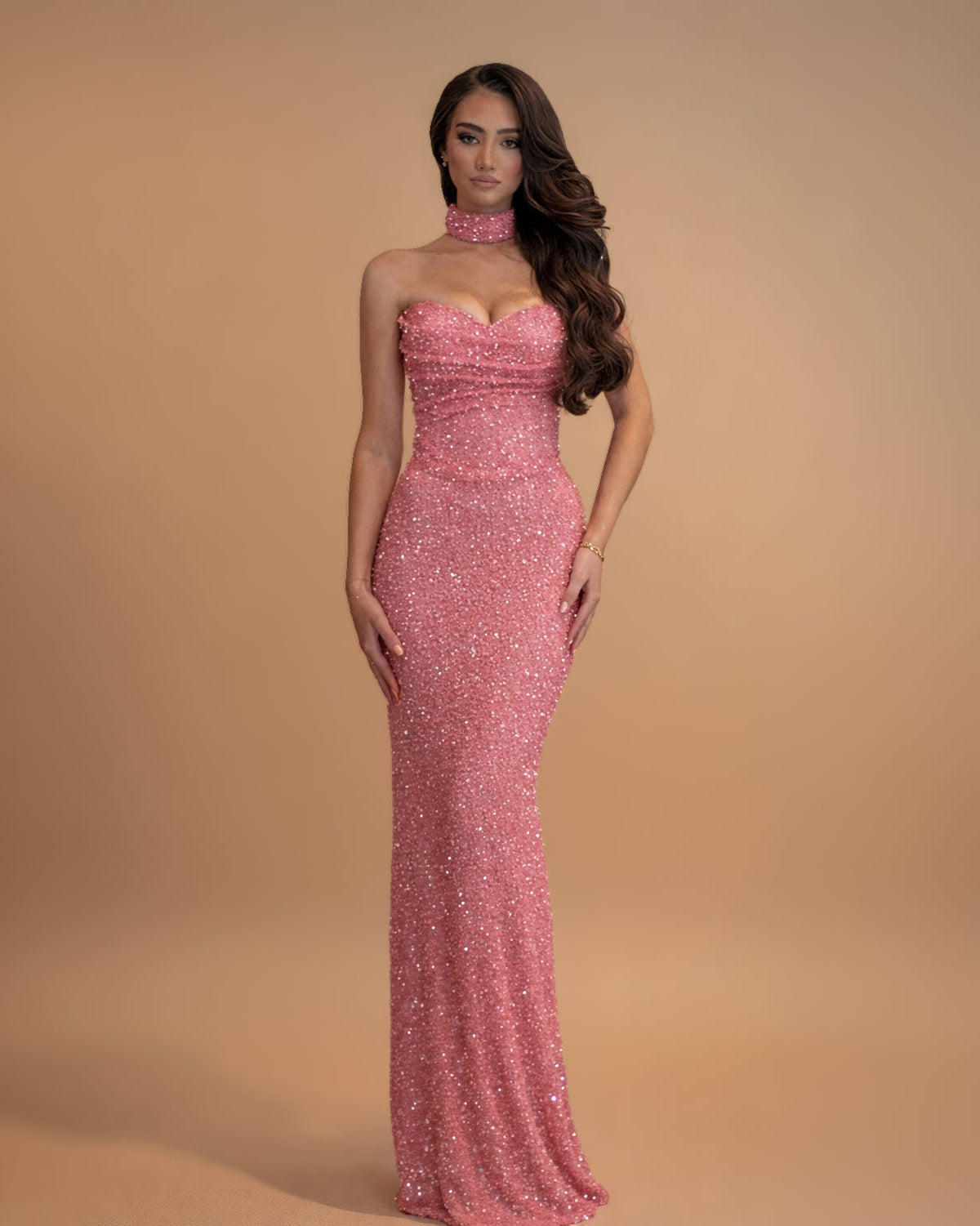 Pink Crystal Strapless Evening Gown with Choker Neck - SimmiUnique
