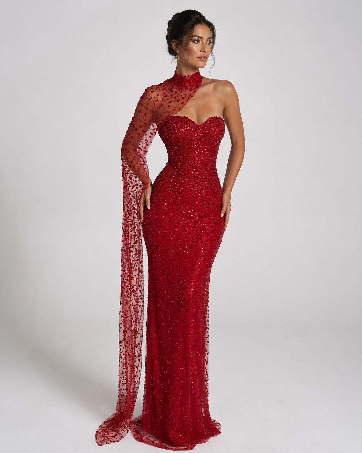 Red One Shoulder Beaded Corset Evening Gown with Draped Sleeve - SimmiUnique