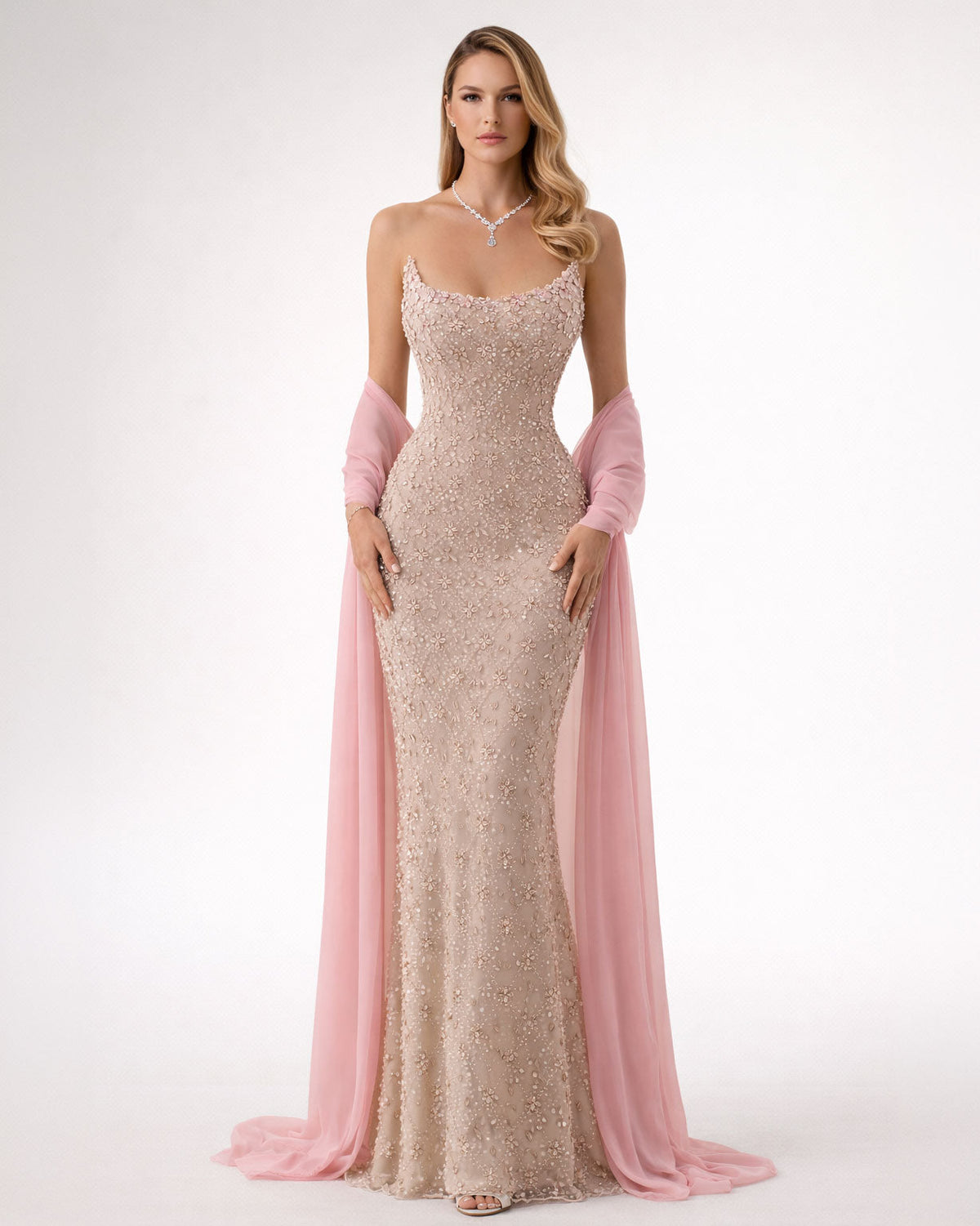 Blush Floral Embellished Evening Gown with Chiffon Draped Sleeves - SimmiUnique