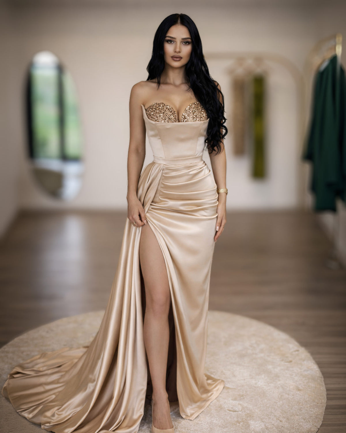Champagne Crystal Corset Gown with High Slit - SimmiUnique