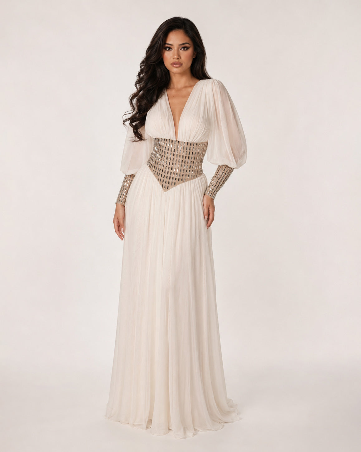 Ivory Chiffon Crystal Corset Long Sleeve Gown - SimmiUnique