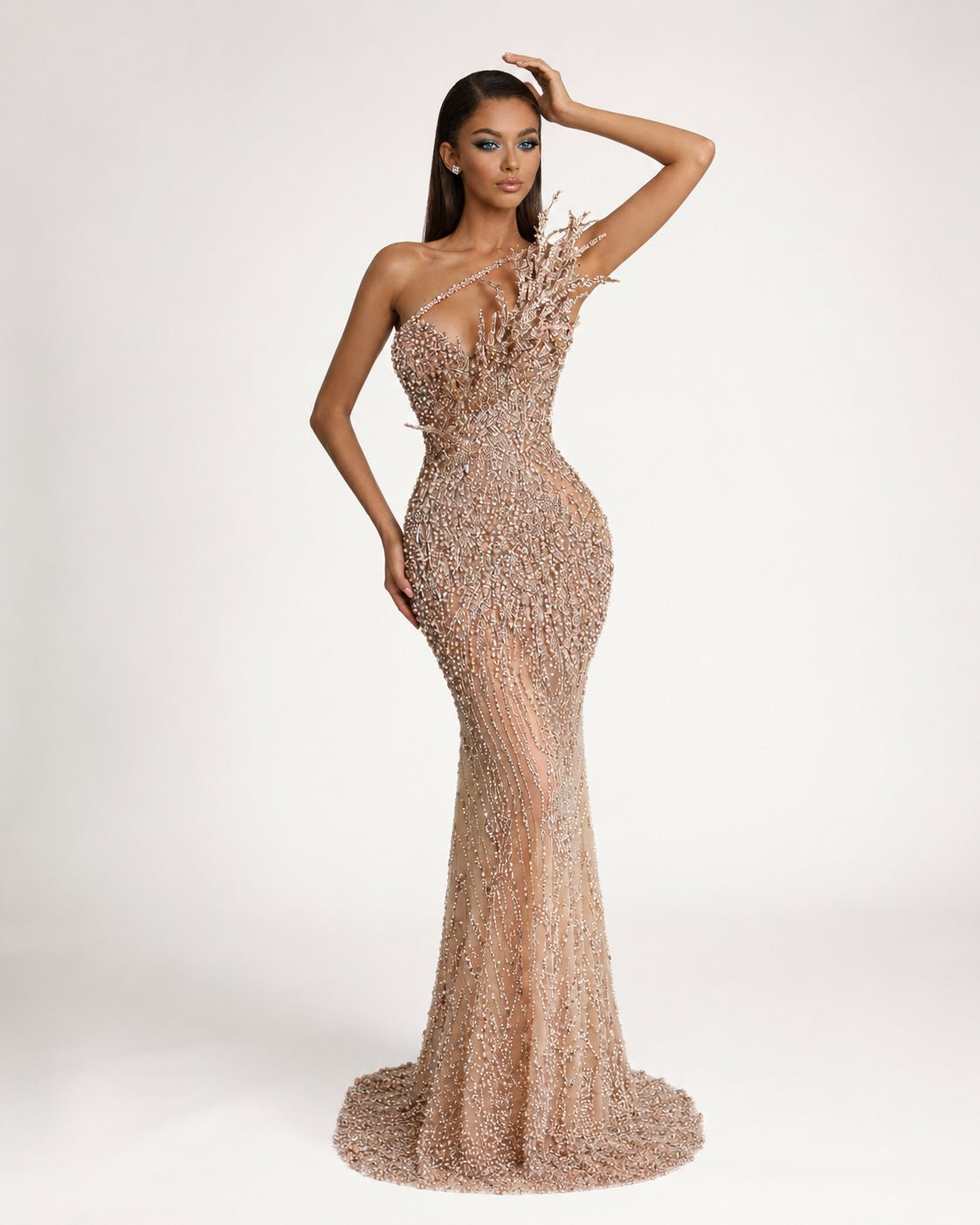 Nude One Shoulder Crystal Beaded Couture Mermaid Gown - SimmiUnique