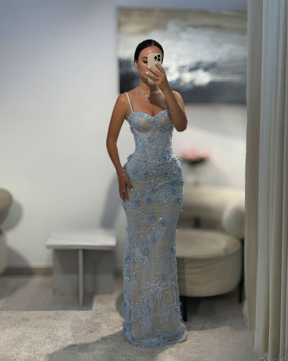 Ice Blue 3D Floral Lace Mermaid Gown With Corset Back - SimmiUnique