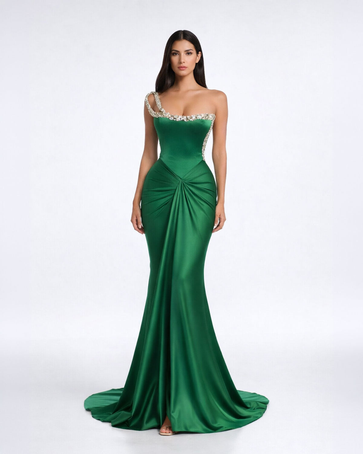 Emerald One-Shoulder Satin Mermaid Gown - SimmiUnique