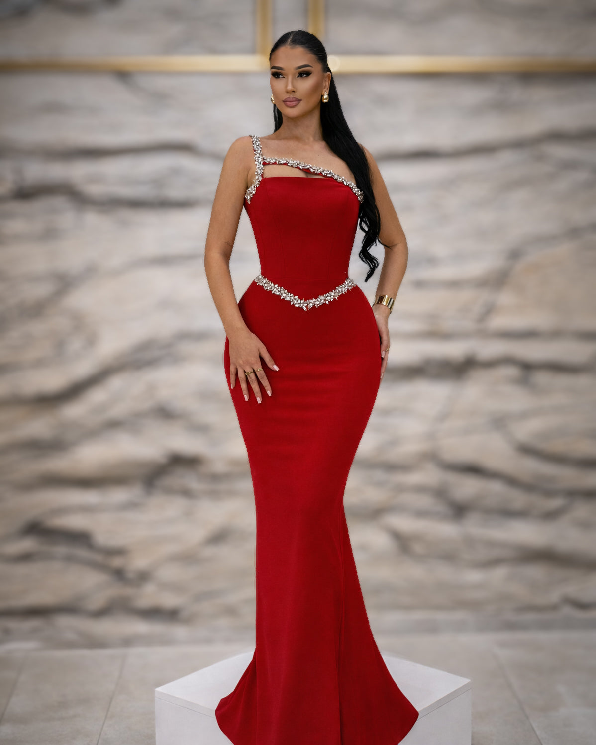 Red Crystal Strap Corset Evening Gown with Embellished Waist - SimmiUnique
