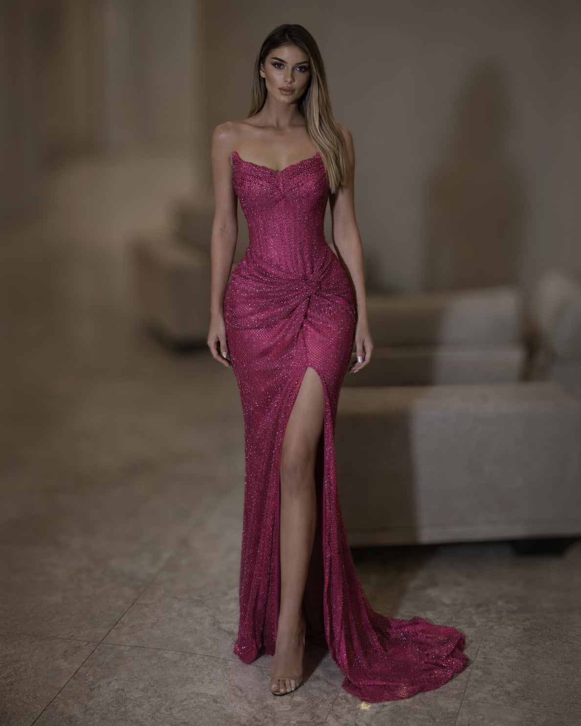 Fuchsia Crystal Strapless Corset Dress with Slit - SimmiUnique