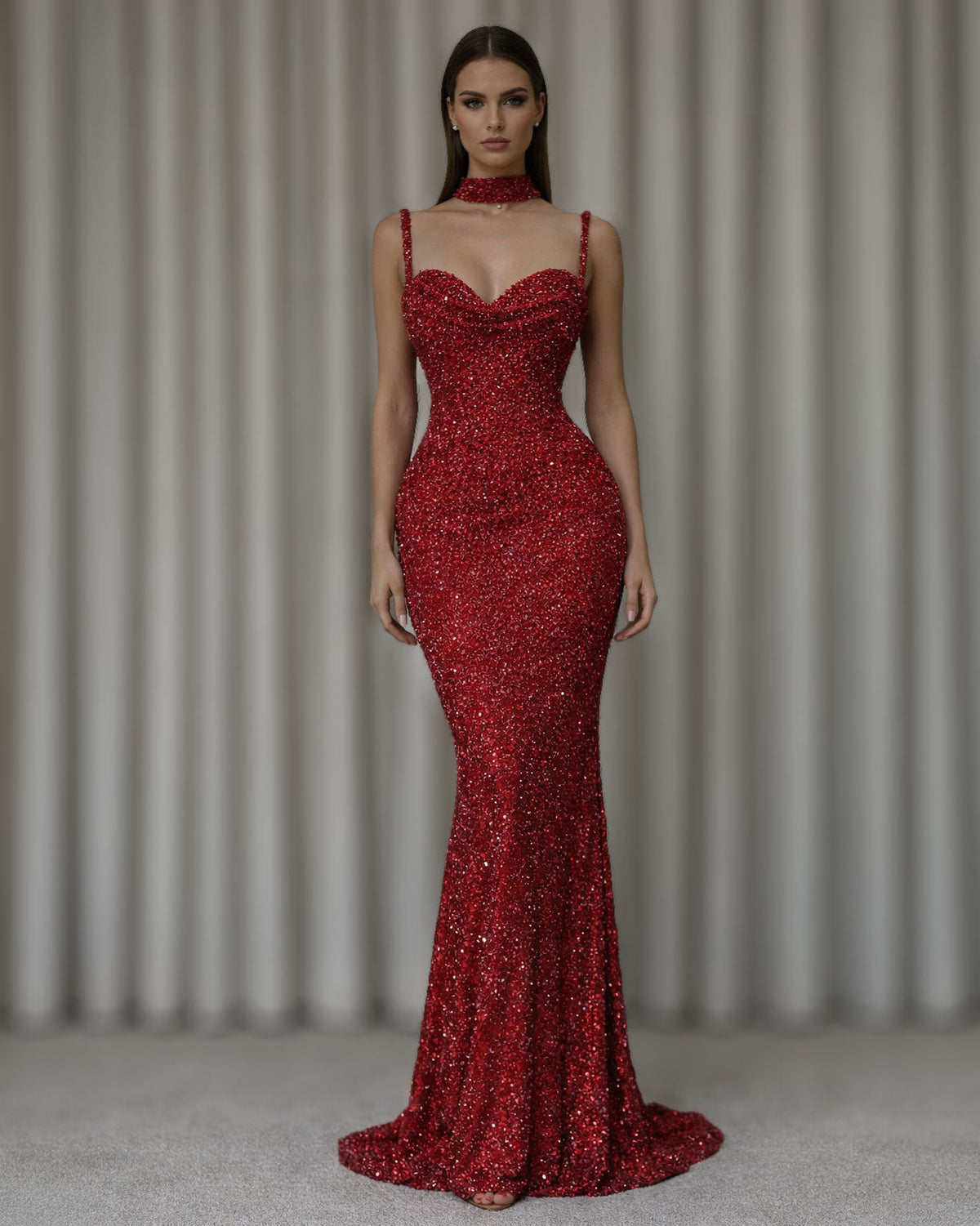 Red Crystal Corset Mermaid Evening Gown with Straps and Choker - SimmiUnique