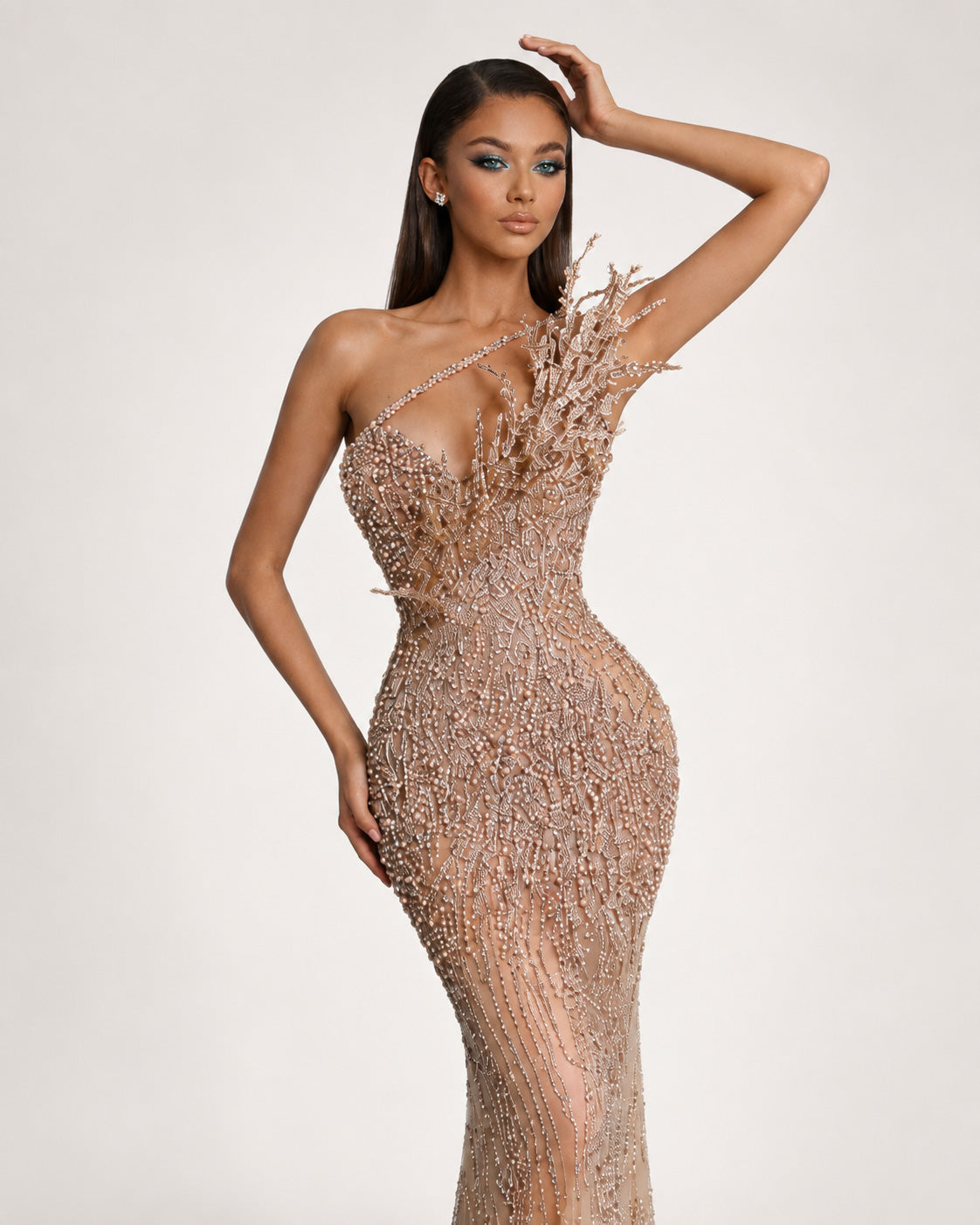 Nude One Shoulder Crystal Beaded Couture Mermaid Gown - image 2