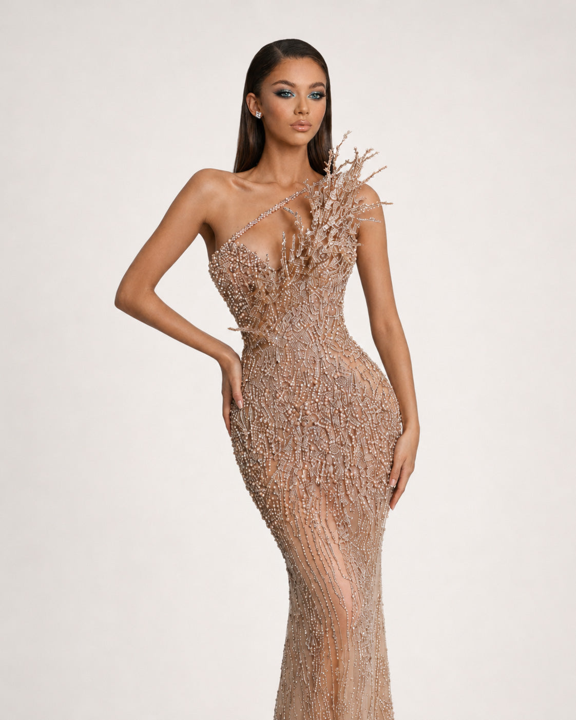 Nude One Shoulder Crystal Beaded Couture Mermaid Gown - image 3