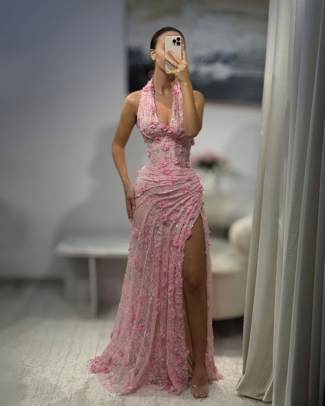 Pink Floral Lace Halter Couture Gown With High Slit - image 2