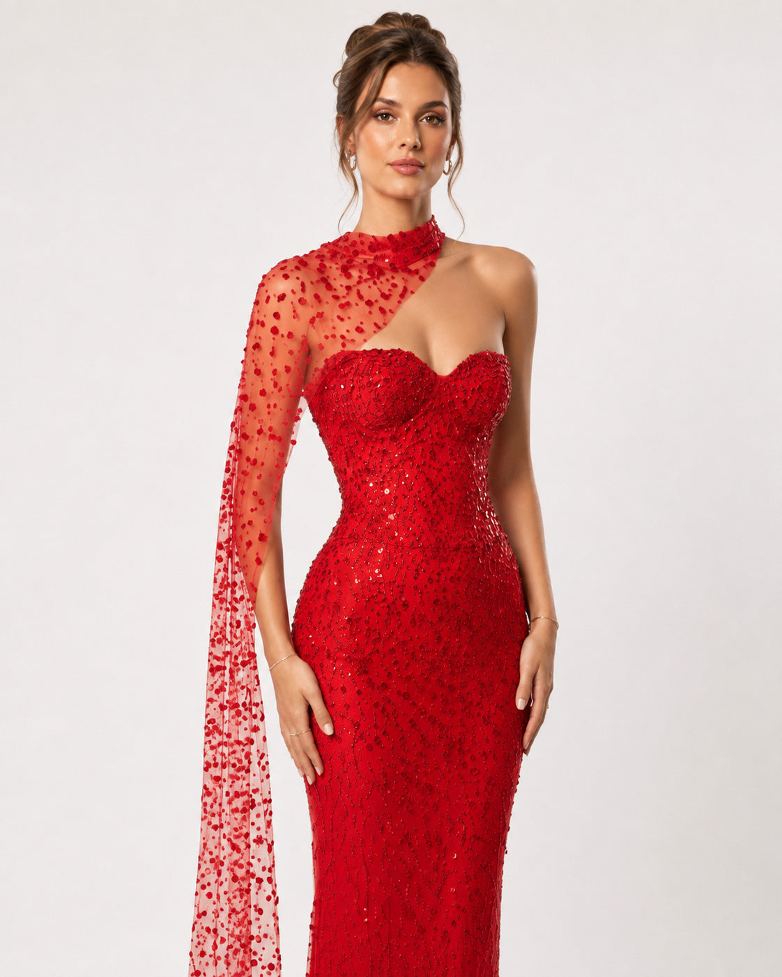 Red One Shoulder Beaded Corset Evening Gown with Draped Sleeve - image 3