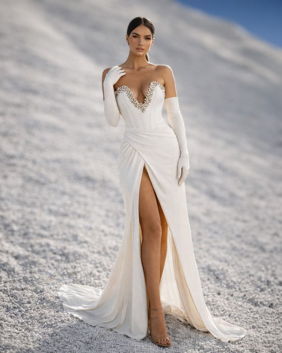Ivory Crystal Corset Gown with Draped Skirt, Gloves and High Slit - SimmiUnique