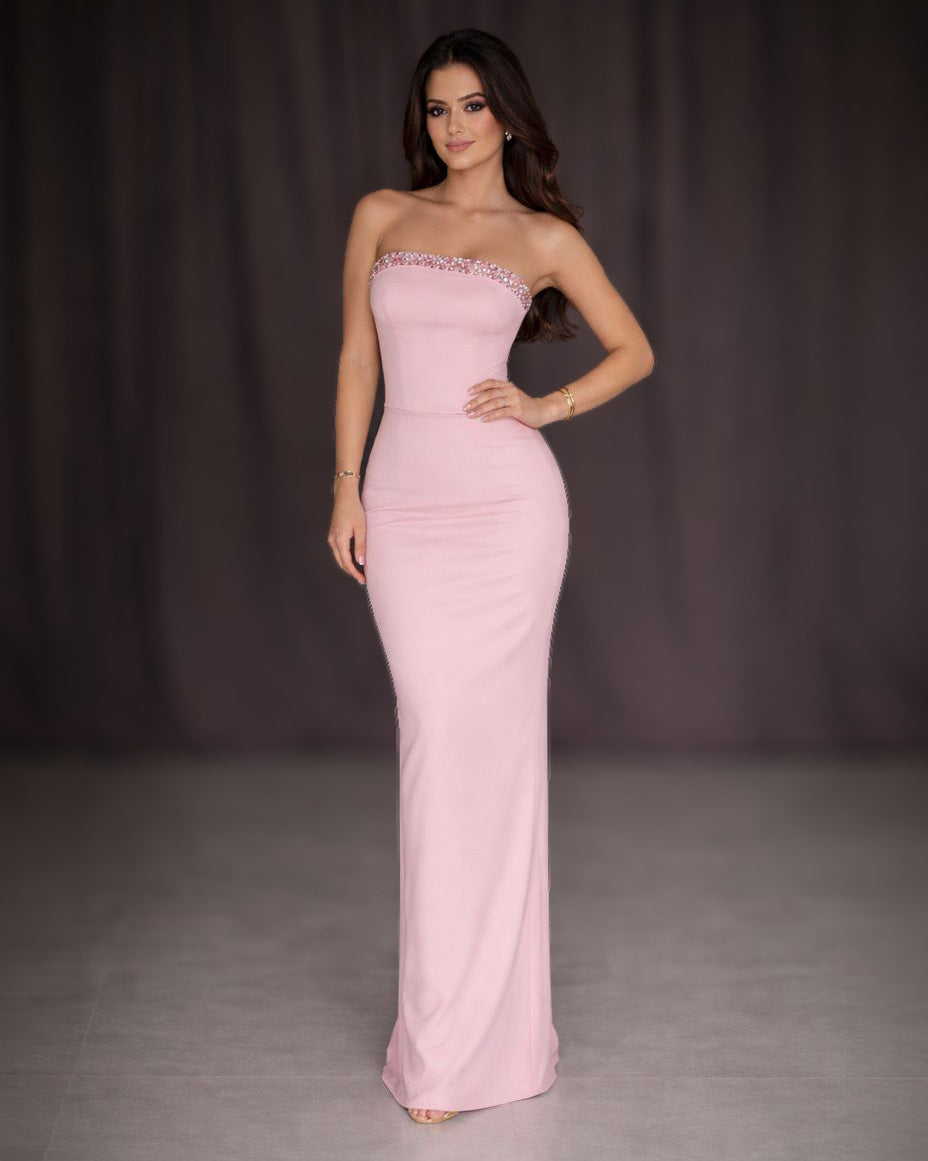 Blush Pink Strapless Crystal Trim Column Gown - SimmiUnique