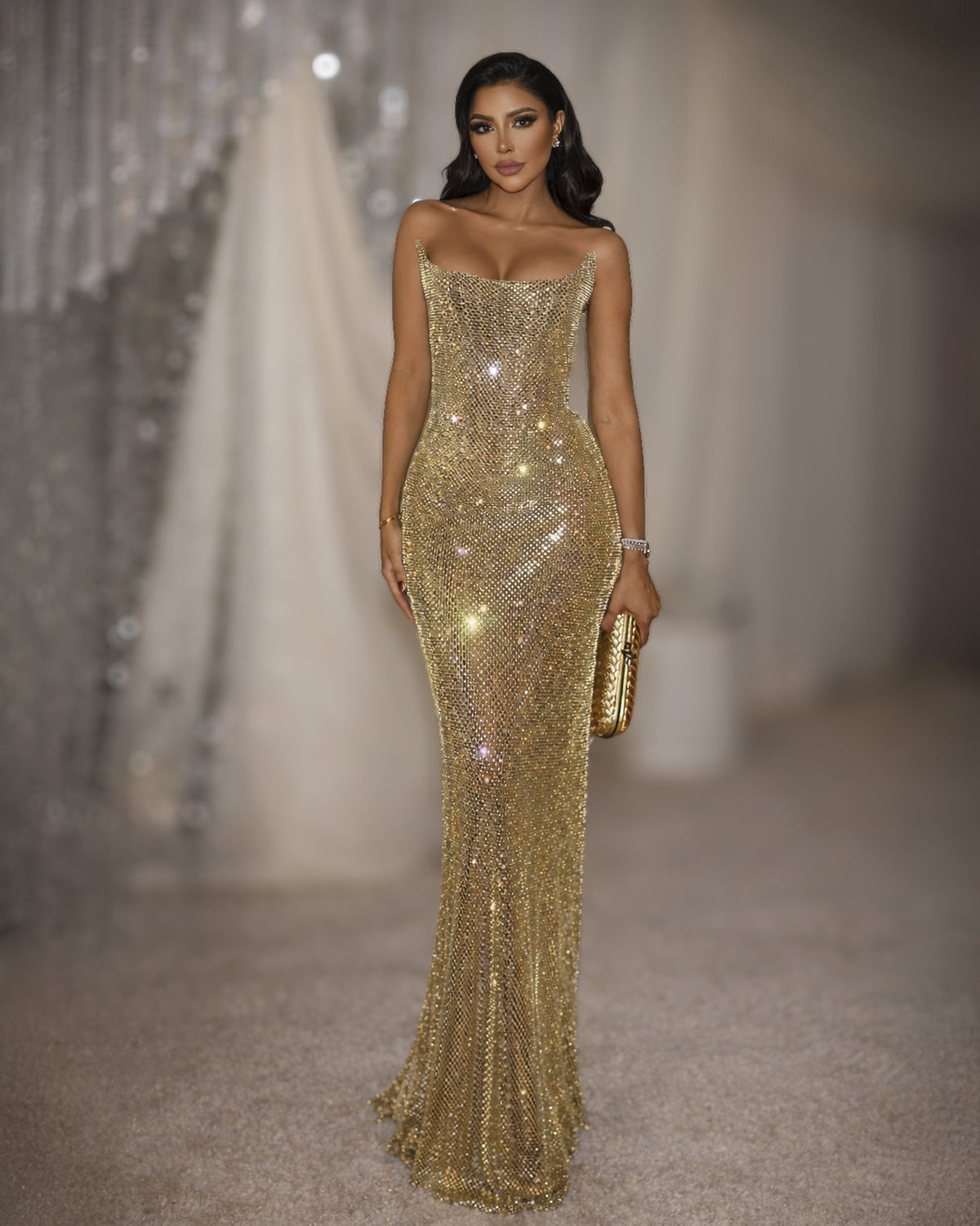 Gold Crystal Strapless Column Dress - SimmiUnique