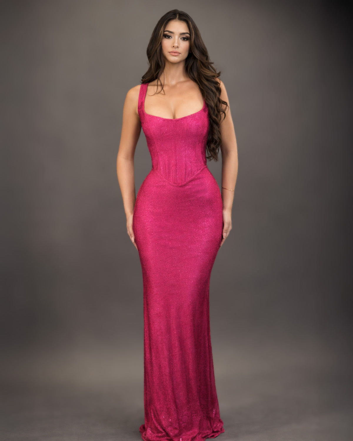 Fuchsia Corset Column Dress with Scoop Neckline - SimmiUnique
