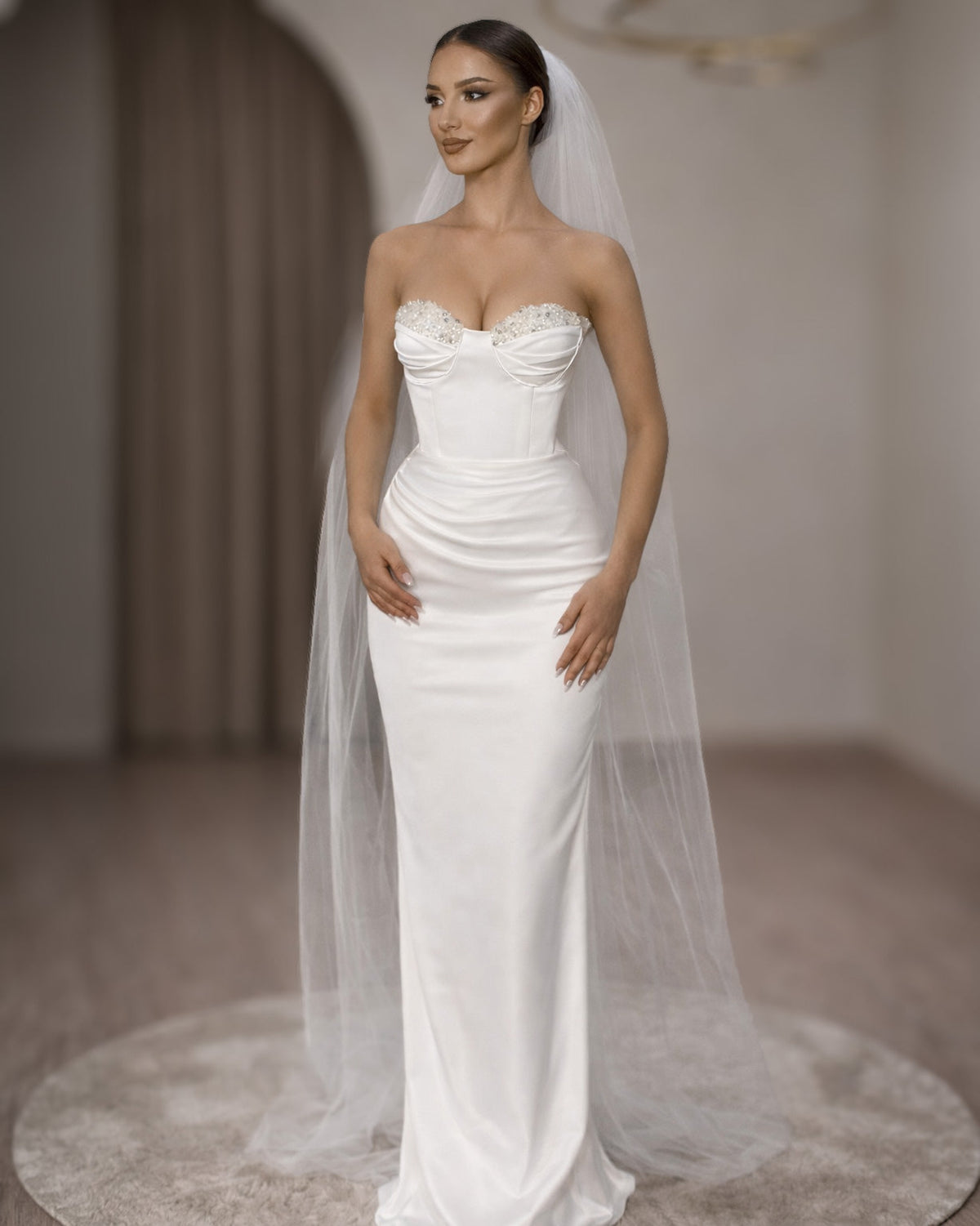 Ivory Strapless Corset Bridal Gown with Crystal Bust and Column Skirt - SimmiUnique