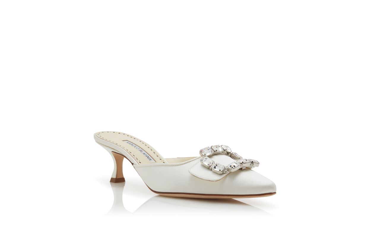 Isadora Lace White Crystal Buckle Mules – top view showing white crystal buckle, pointed toe, satin, SimmiUnique