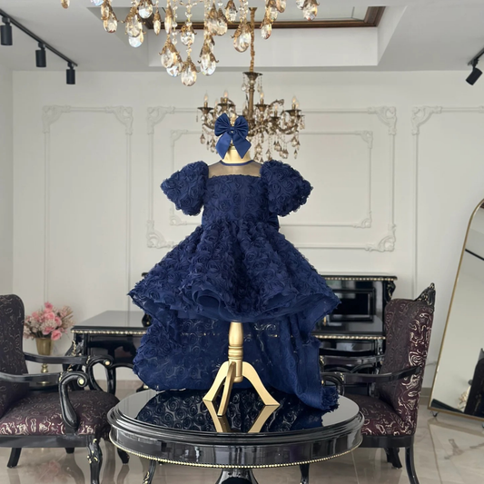 Rose Navy Blue Tailed Evening Dress