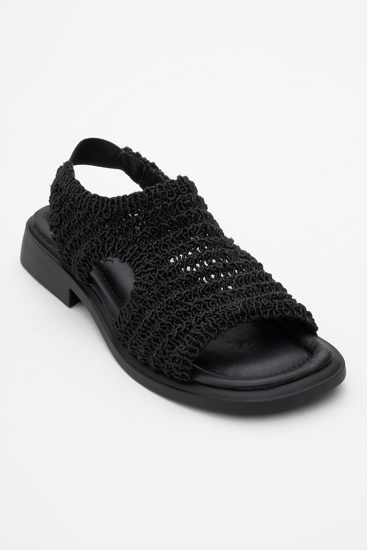 Weave - Black Leather Woven Sandal – detail view showing leather, black, SimmiUnique