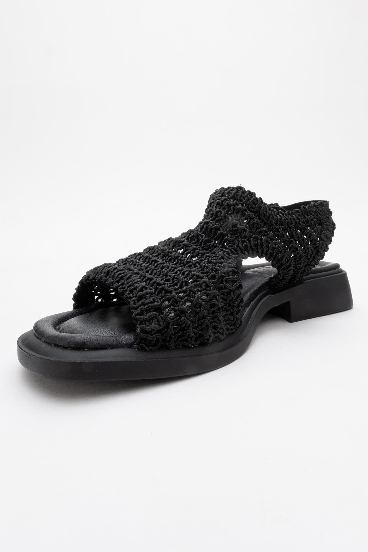 Weave - Black Leather Woven Sandal – heel view showing leather, black, SimmiUnique