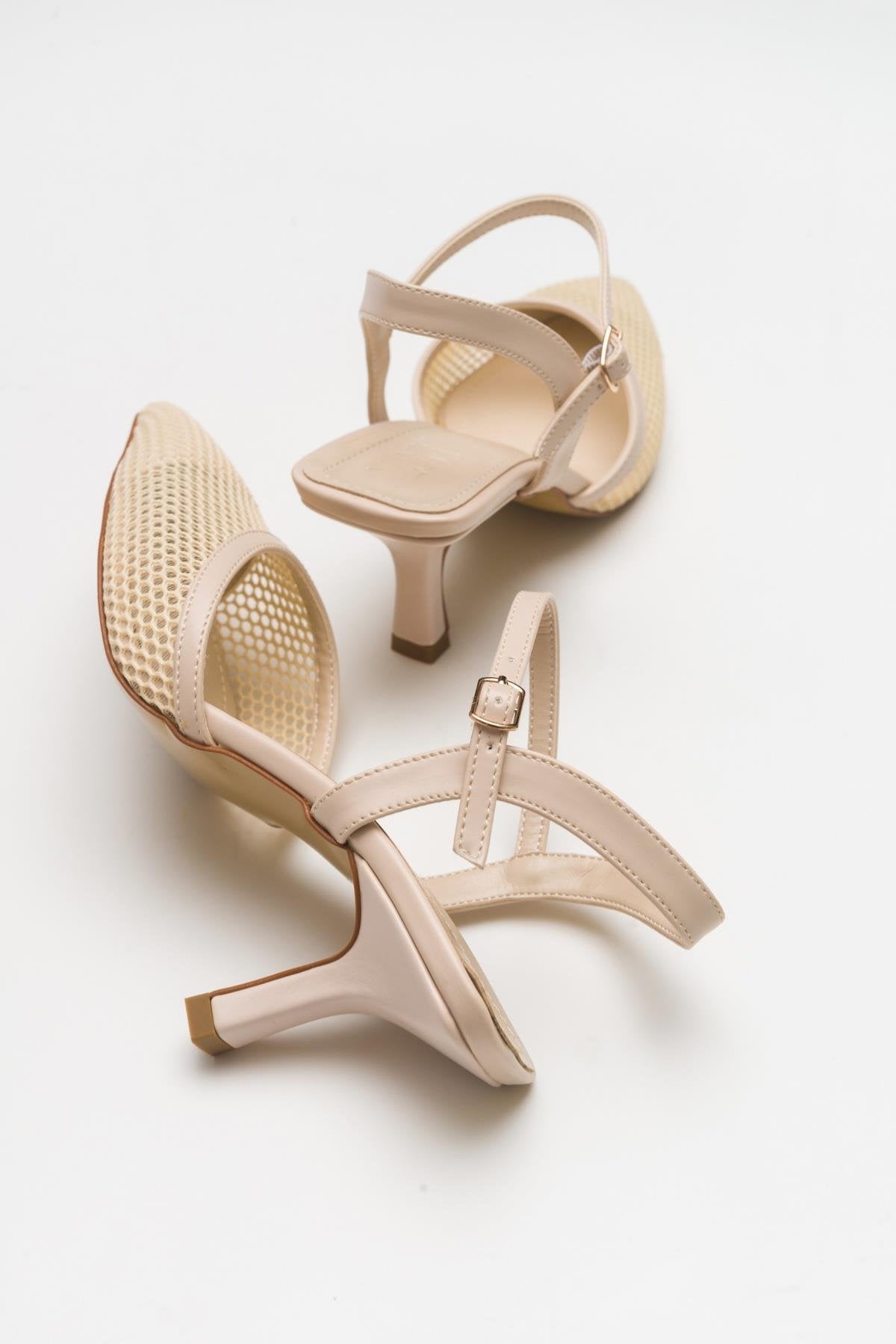 Chic - Beige Heeled Shoe – back view showing leather, SimmiUnique