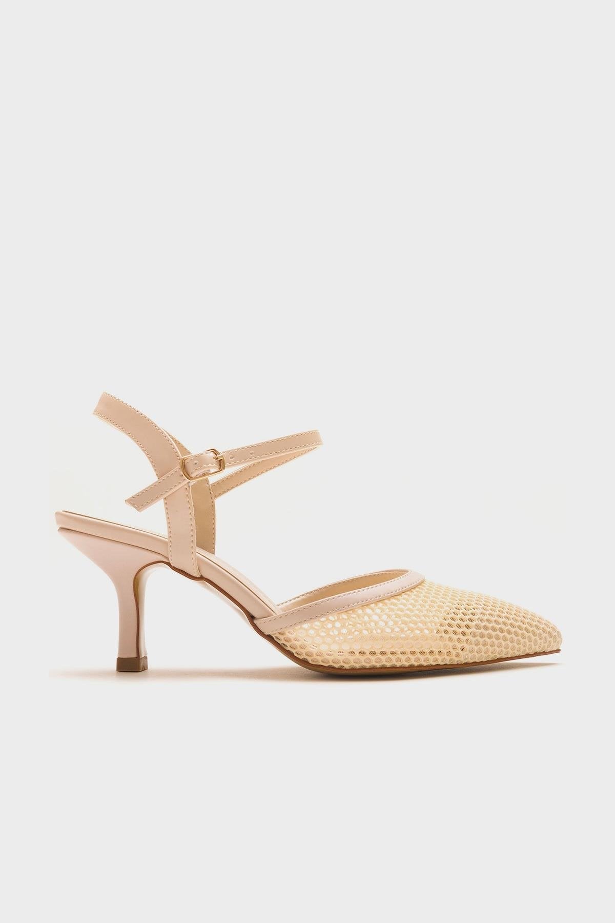 Chic - Beige Heeled Shoe – top view showing leather, SimmiUnique