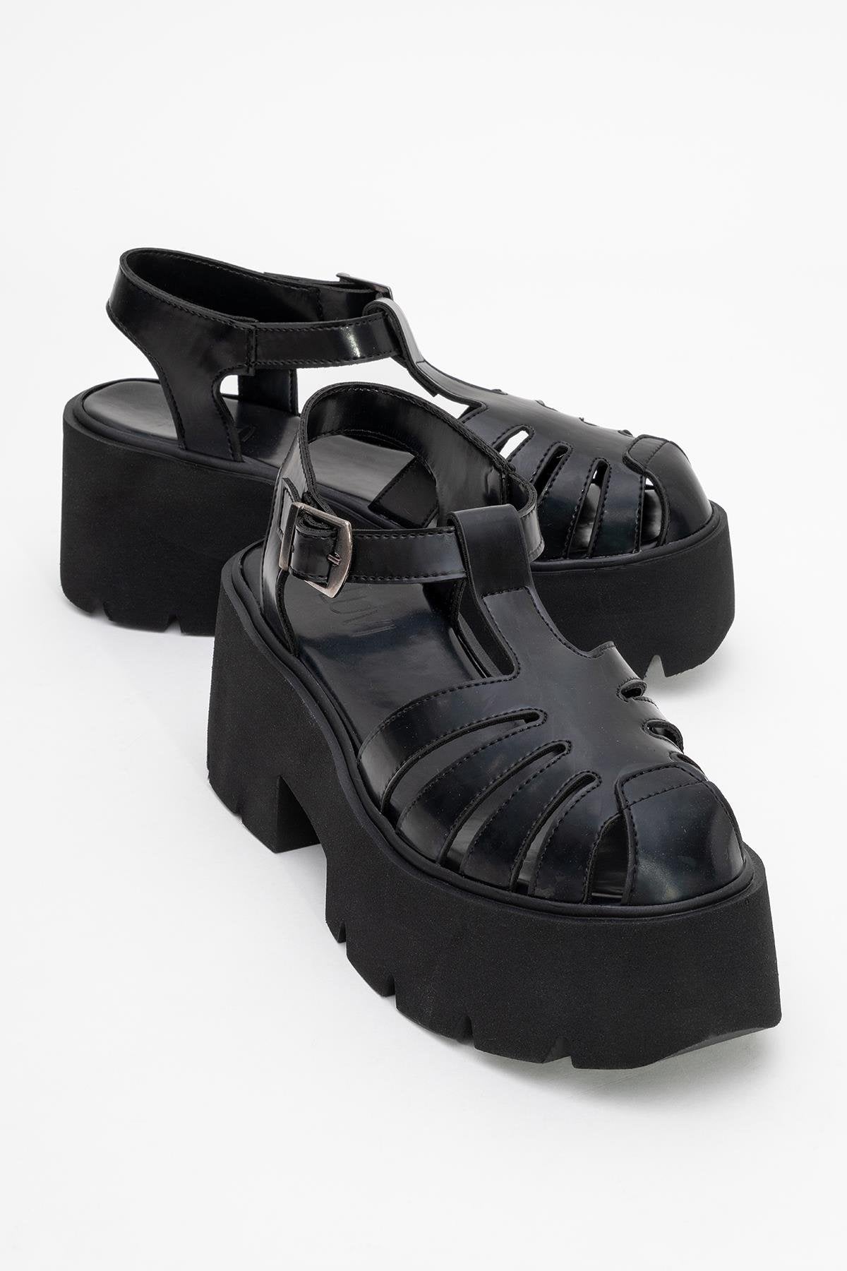 Verua - Black Platform Sandal – front three-quarter view showing leather, black, SimmiUnique