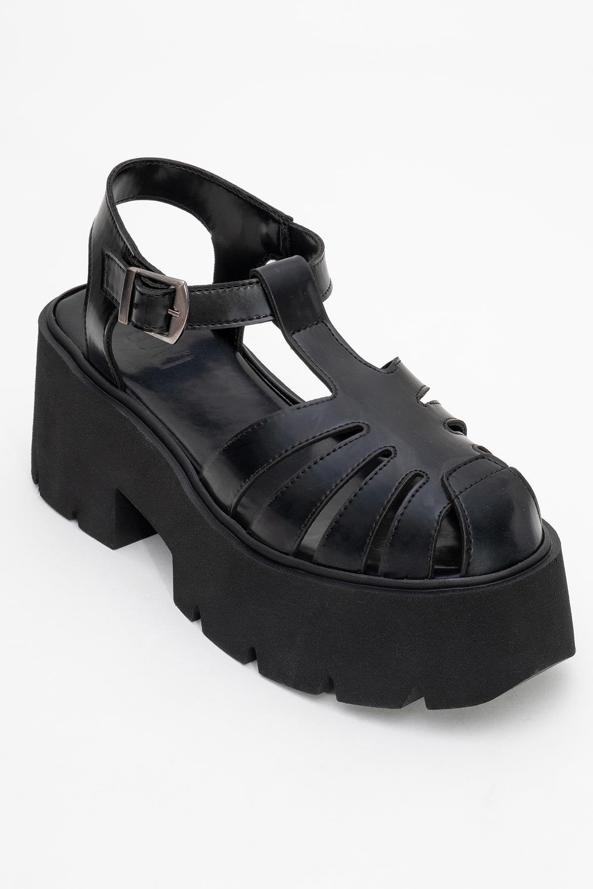 Verua - Black Platform Sandal – detail view showing leather, black, SimmiUnique